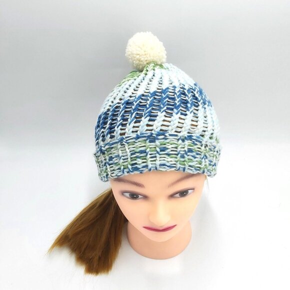 Fingerless Gloves Beanie Hat Toque Pompom Small Blue Green Handmade Loom Knit - Picture 9 of 16